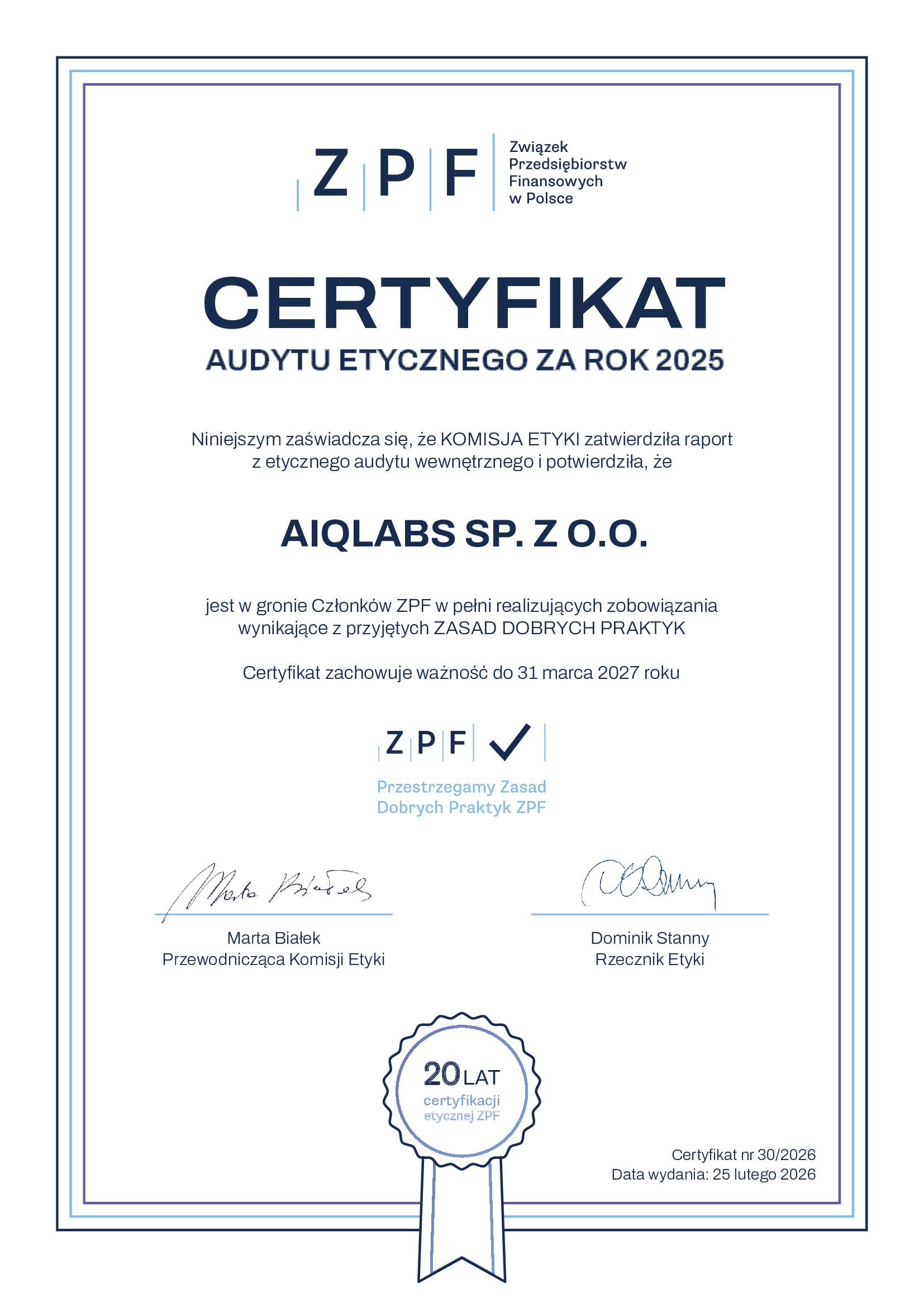 Certyfikat Etyczny ZPF